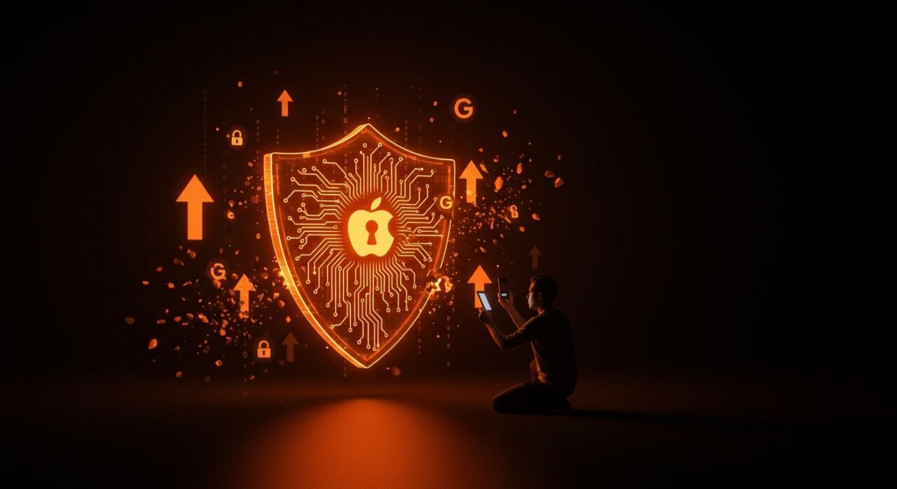 Actualizaciones de seguridad Apple y Google contra ataques zero-day ilustradas con un fundador tecnológico protegido por un escudo digital en ecosistema startup.