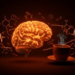 Ilustración conceptual de la adenosina y la cafeína en terapias rápidas contra la depresión en el contexto de neurociencia y salud mental.