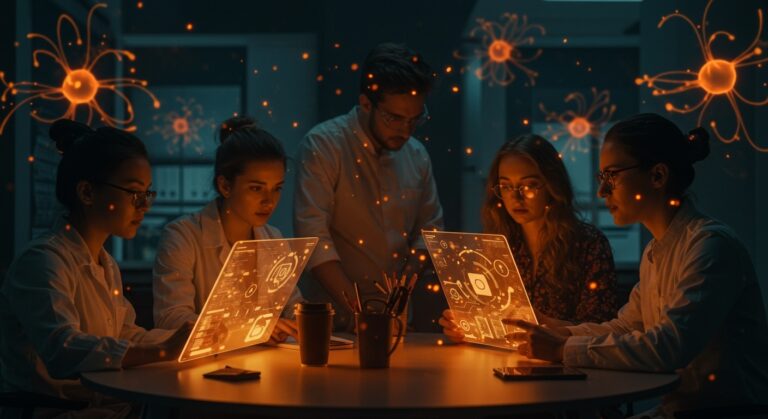 Equipo creativo y científico enfrentando tensiones emocionales en la adopción de inteligencia artificial y gestión ética de IA en entornos técnicos.