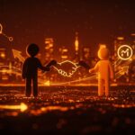 Adquisición de Eventbrite por Bending Spoons representada con un apretón de manos simbólico en un fondo tecnológico naranja y negro, destacando impacto en startups y funding.