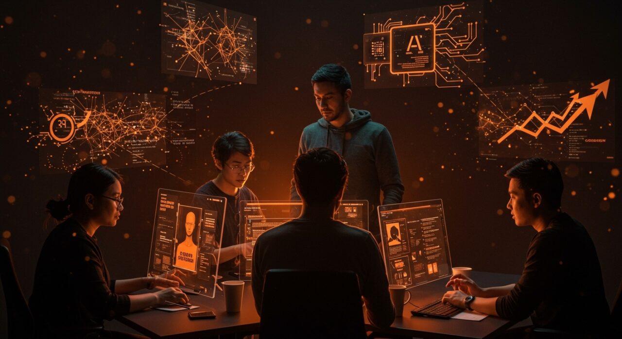 Fundadores de startups colaborando en IA abierta y estándares agentes bajo Linux Foundation en ecosistema AI innovador.