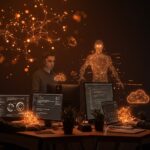 Desarrolladores colaborando con agentes IA en un entorno digital eficiente para desarrollo de software automatizado con JetBrains.