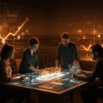 Fundadores de startups agrifoodtech en España colaborando frente a datos digitales, reflejando crecimiento de startups y caída de inversión en tecnología agrícola.