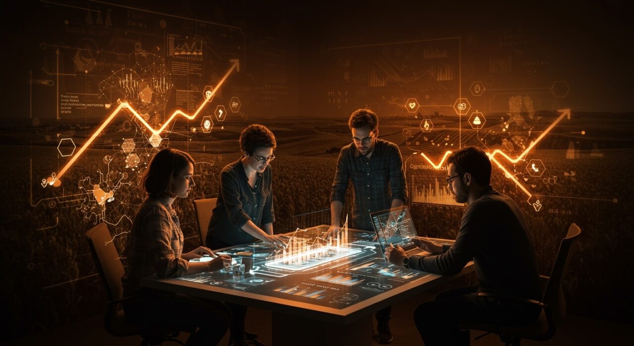 Fundadores de startups agrifoodtech en España colaborando frente a datos digitales, reflejando crecimiento de startups y caída de inversión en tecnología agrícola.