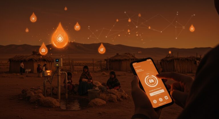 Comunidades rurales de Atacama accediendo a agua potable mediante tecnología de sensores y app offline de startup chilena.