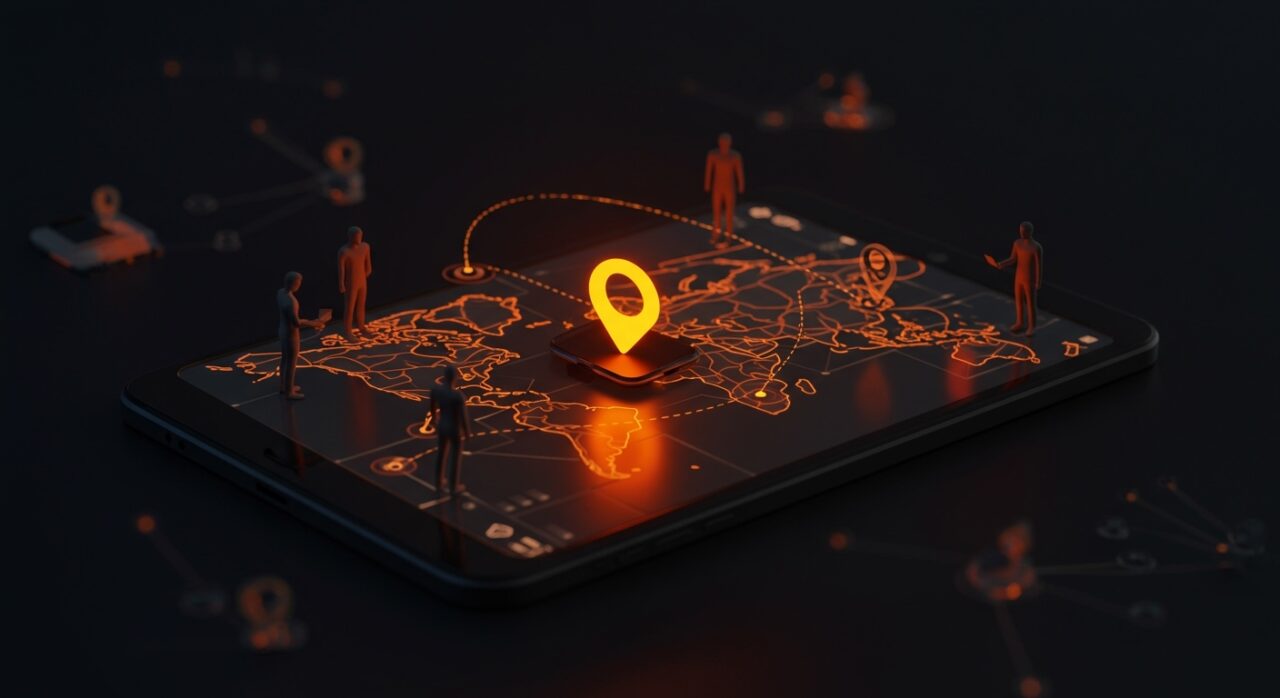 AirTag perdido recorriendo miles de millas representado sobre un mapa digital con elementos de tracking, hardware y comunidad tecnológica en estilo editorial de Ecosistema Startup.