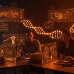 Startups tecnológicas colombianas colaborando en mentorías y expansión internacional en IA, blockchain, biotecnología e IoT con ecosistema startup naranja y negro.