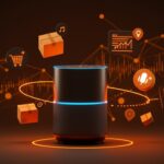 Alexa+ Amazon con seguimiento de entregas, automatización y compras por voz en ecommerce, representado en estilo editorial Cinematic con paleta Ecosistema Startup.