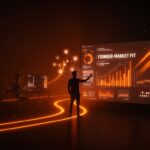 Fundador startup frente a pantalla digital, ilustrando el founder-market fit y la innovación en recaudación digital para startups tecnológicas.