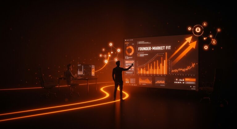 Fundador startup frente a pantalla digital, ilustrando el founder-market fit y la innovación en recaudación digital para startups tecnológicas.