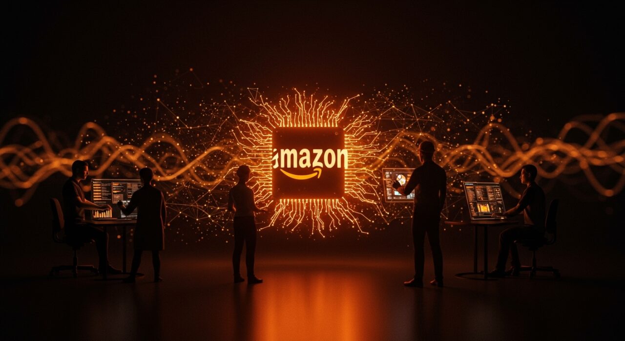 Representación visual de la apuesta renovada de Amazon en inteligencia artificial con redes neuronales y colaboración tecnológica en ecosistema startup.