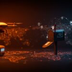 Amazon evaluando competir con USPS mostrando drones y símbolos de logística e-commerce en un entorno de innovación startup.