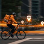 Entrega ultra rápida de Amazon en retailtech con courier en bicicleta eléctrica acelerando en ciudades, representando competencia logística y tecnología avanzada.