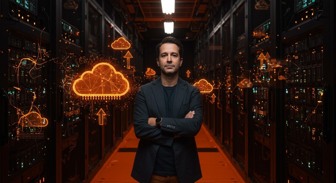 Peter DeSantis liderando la nueva unidad de inteligencia artificial de Amazon en un entorno futurista de computación en la nube.