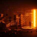 Inversión de Amazon en India destacando digitalización, logística y crecimiento ecommerce con visual futurista en tonos naranjas y negros.