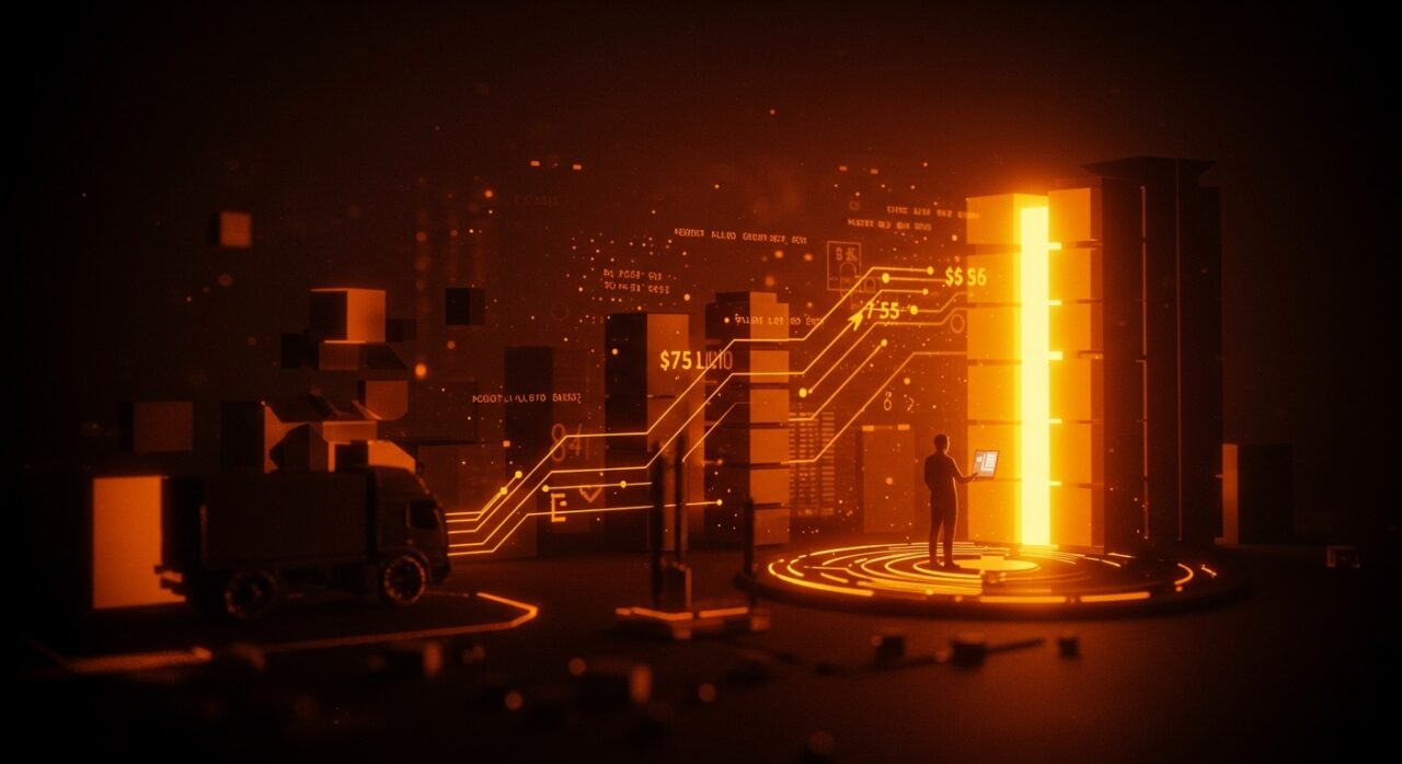 Inversión de Amazon en India destacando digitalización, logística y crecimiento ecommerce con visual futurista en tonos naranjas y negros.