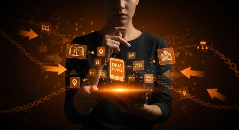 Autor contemplando ebooks DRM libre en Kindle Direct, representando la transformación en la protección y distribución digital de Amazon.