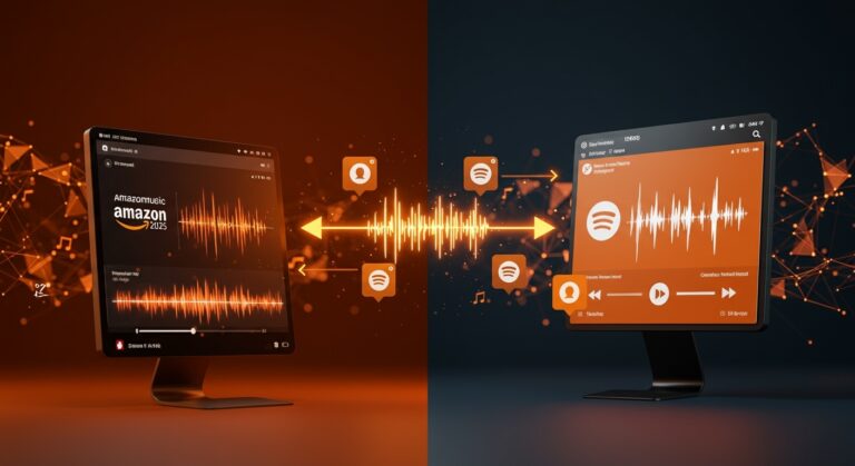 Comparativa visual de Amazon Music 2025 Delivered y Spotify Wrapped con tendencias y badges digitales en streaming musical para startups tech.