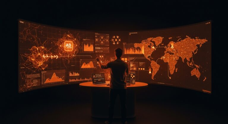 Founder interactuando con panel futurista de AWS mostrando modelos AI y automatización para startups en LATAM.