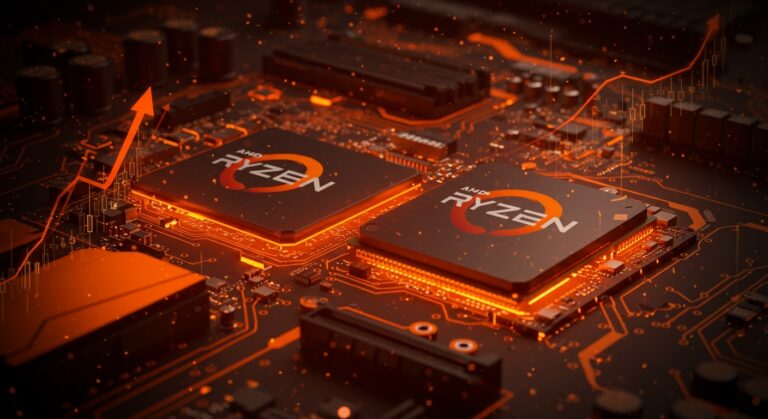 AMD Ryzen 7 5800X3D destacado en un entorno tecnológico con metáforas visuales del mercado de chips y tendencias de hardware.
