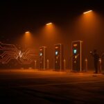 Estación desierta de intercambio de baterías eléctricas con ambiente sombrío representando el declive del modelo de Ample y retos en movilidad urbana.