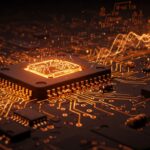 Circuito electrónico con amplificadores operacionales resaltados en tonos naranja y negro, ilustrando aplicaciones en circuitos analógicos y hardware IoT para startups tecnológicas.