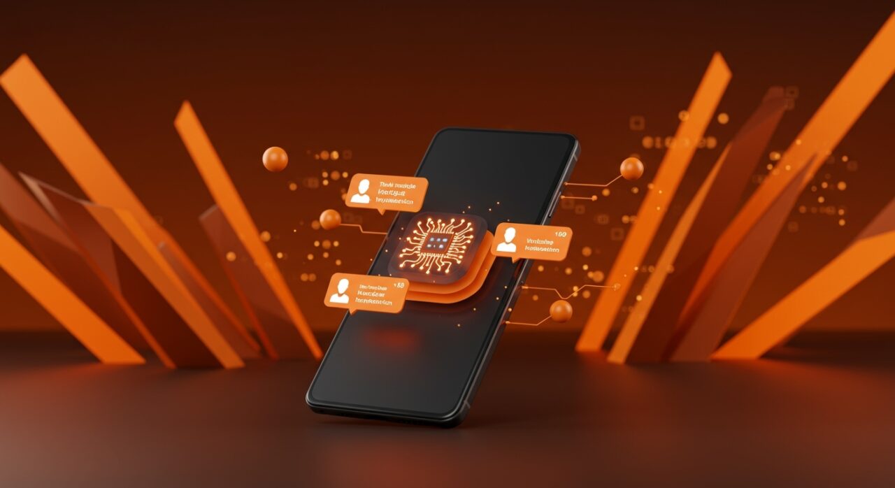 Imagen futurista de un smartphone con notificaciones inteligentes impulsadas por IA en Android 16, destacando personalización avanzada y tecnología móvil.