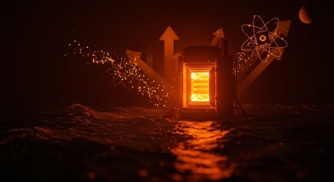 Microreactores nucleares avanzados con iluminación naranja en escenarios terrestres, marítimos y espaciales que representan financiación y tecnología startup.