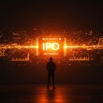 Fundador tecnológico frente a pantalla digital mostrando IPO y patrones de inteligencia artificial, simbolizando la aceleración de Anthropic hacia su oferta pública inicial.