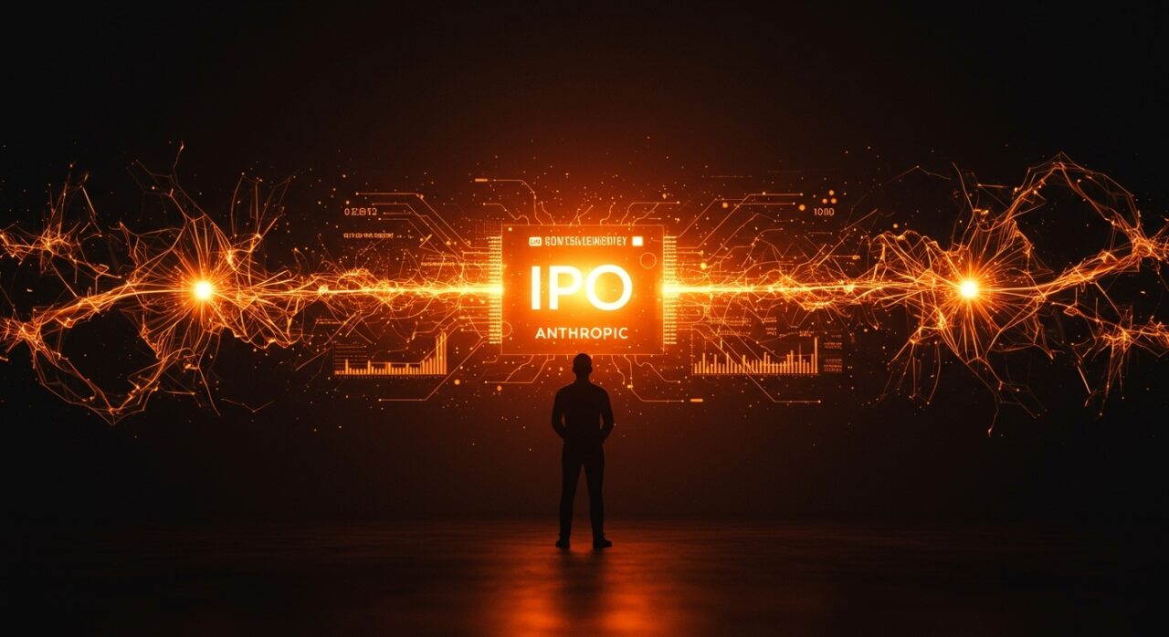 Fundador tecnológico frente a pantalla digital mostrando IPO y patrones de inteligencia artificial, simbolizando la aceleración de Anthropic hacia su oferta pública inicial.