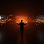 Cambio de liderazgo en diseño de interfaz en Apple simbolizado por un líder digital con hologramas de diseño y flujos de innovación tecnológica.