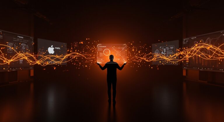 Cambio de liderazgo en diseño de interfaz en Apple simbolizado por un líder digital con hologramas de diseño y flujos de innovación tecnológica.