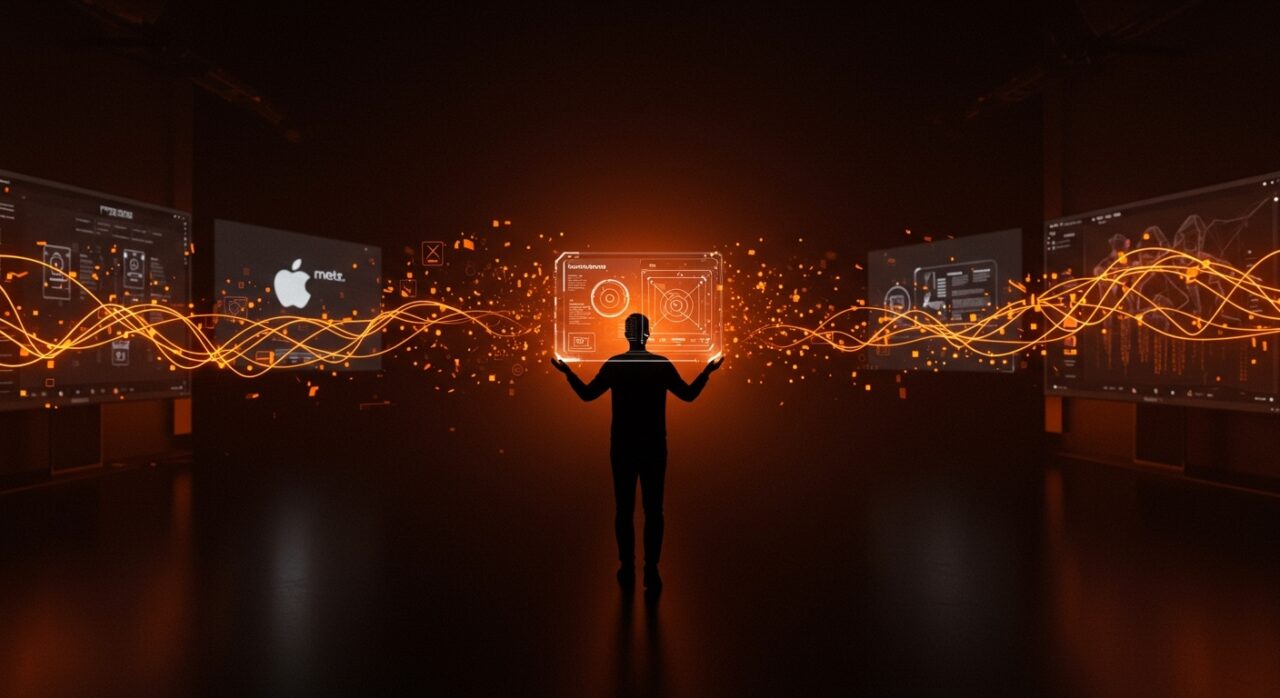 Cambio de liderazgo en diseño de interfaz en Apple simbolizado por un líder digital con hologramas de diseño y flujos de innovación tecnológica.