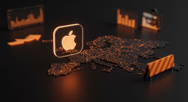 Icono de Apple App Store sobre mapa de Europa con símbolos de regulación y oportunidades en mercados digitales bajo la DMA.