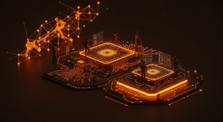 Interfaz futurista de IA abierta Trinity de Arcee AI con metáforas visuales de modelos MoE y escalabilidad en tecnología startup.