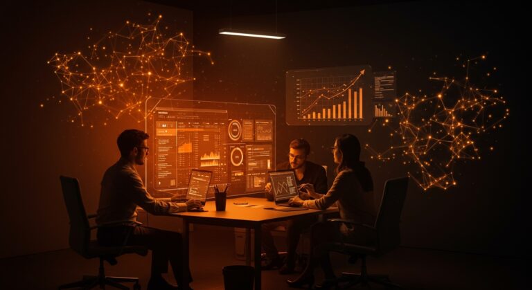 Automatización con IA en consultoría mostrando colaboración tecnológica y visualización de datos en Excel para startups financiamiento.