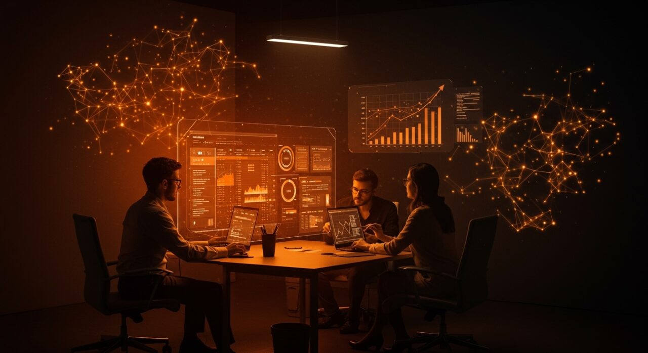 Automatización con IA en consultoría mostrando colaboración tecnológica y visualización de datos en Excel para startups financiamiento.