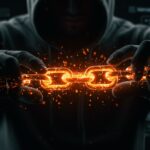 Ilustración digital de un ataque supply chain XSS focalizado en Mintlify, mostrando vulnerabilidades en plataformas SaaS como Discord, X y Vercel, con paleta en naranja y negro.