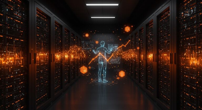 Centro de datos de IA futurista con representaciones visuales de redes neuronales y crecimiento en infraestructura tecnológica para startups.