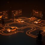 Centro de control futurista gestionando tráfico de vehículos autónomos con tecnología innovadora y financiamiento startup.