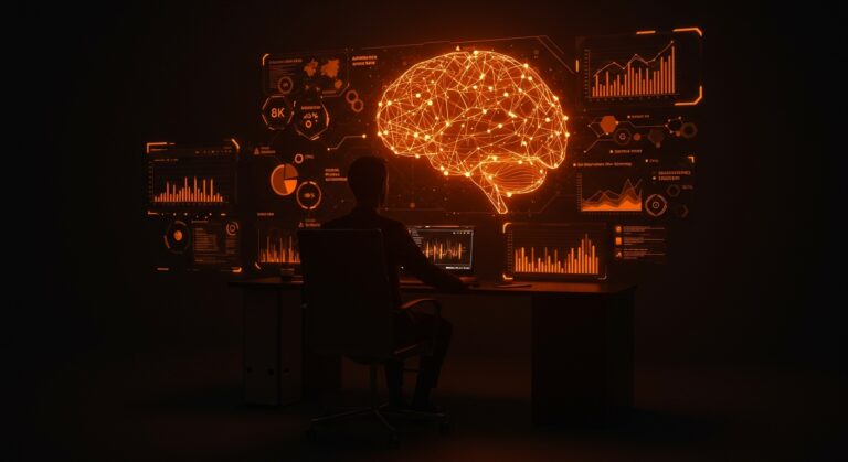 Ilustración de CEO automatizado con IA en startups, mostrando la transformación de roles ejecutivos mediante inteligencia artificial y automatización.