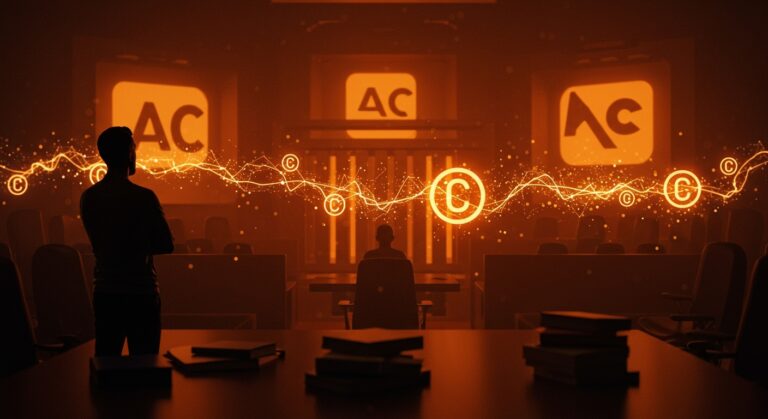 Autor enfrentando la demanda por copyright contra empresas de IA en un entorno digital simbólico de litigio y derechos de autor.