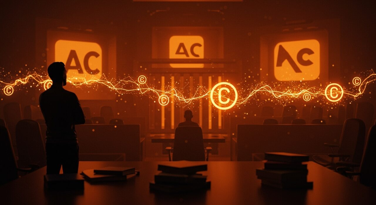 Autor enfrentando la demanda por copyright contra empresas de IA en un entorno digital simbólico de litigio y derechos de autor.