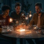 Desarrolladores de startups colaborando con AWS Kiro powers integrando IA, Stripe, Figma y Datadog para un desarrollo de software eficiente y automatizado.