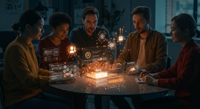 Desarrolladores de startups colaborando con AWS Kiro powers integrando IA, Stripe, Figma y Datadog para un desarrollo de software eficiente y automatizado.