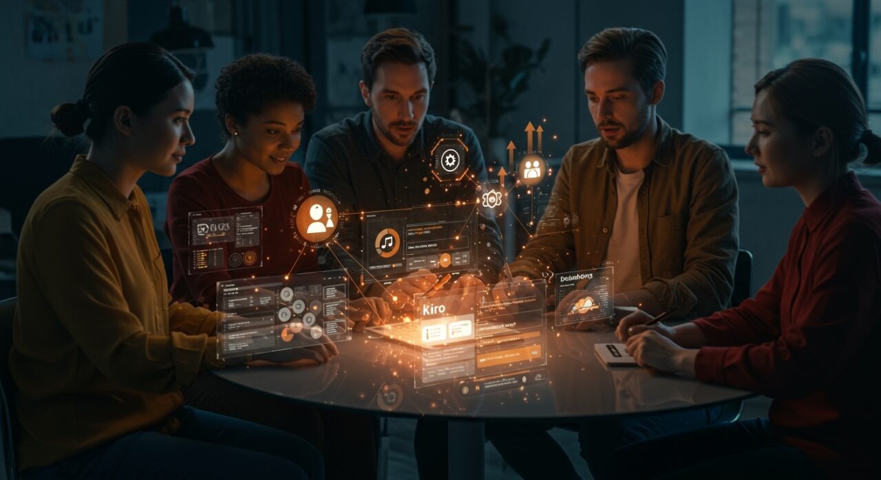 Desarrolladores de startups colaborando con AWS Kiro powers integrando IA, Stripe, Figma y Datadog para un desarrollo de software eficiente y automatizado.