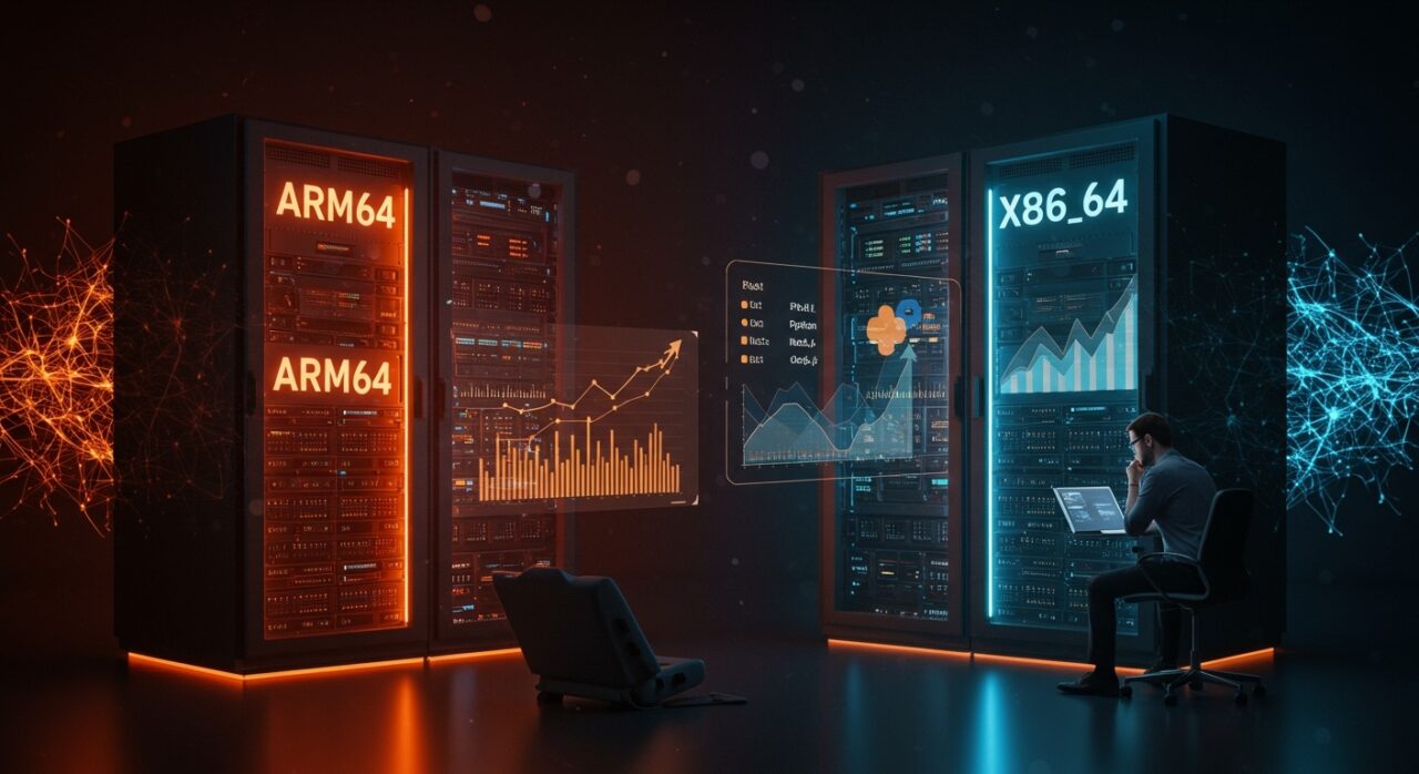 Comparativa visual de AWS Lambda ARM64 y x86_64 con benchmarks de Rust, Python y Node.js, destacando ahorro y eficiencia serverless para founders tech en 2025.