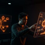 Founder hispano interactuando con tecnología holográfica en AWS re:Invent 2025, destacando tendencias en cloud computing e inteligencia artificial.