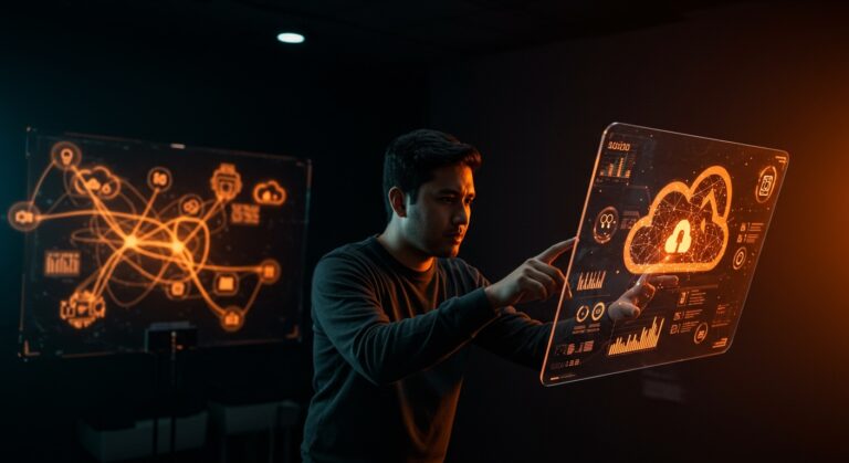 Founder hispano interactuando con tecnología holográfica en AWS re:Invent 2025, destacando tendencias en cloud computing e inteligencia artificial.