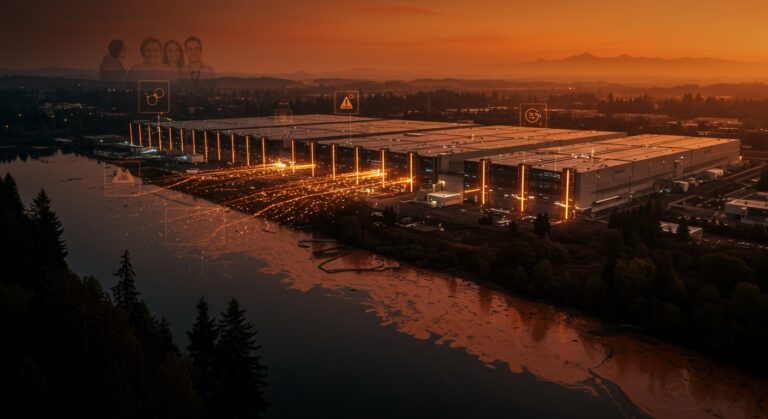 Centro de datos AWS en Oregon relacionado con contaminación por nitratos y riesgos de salud en agua, impacto en sostenibilidad tech.